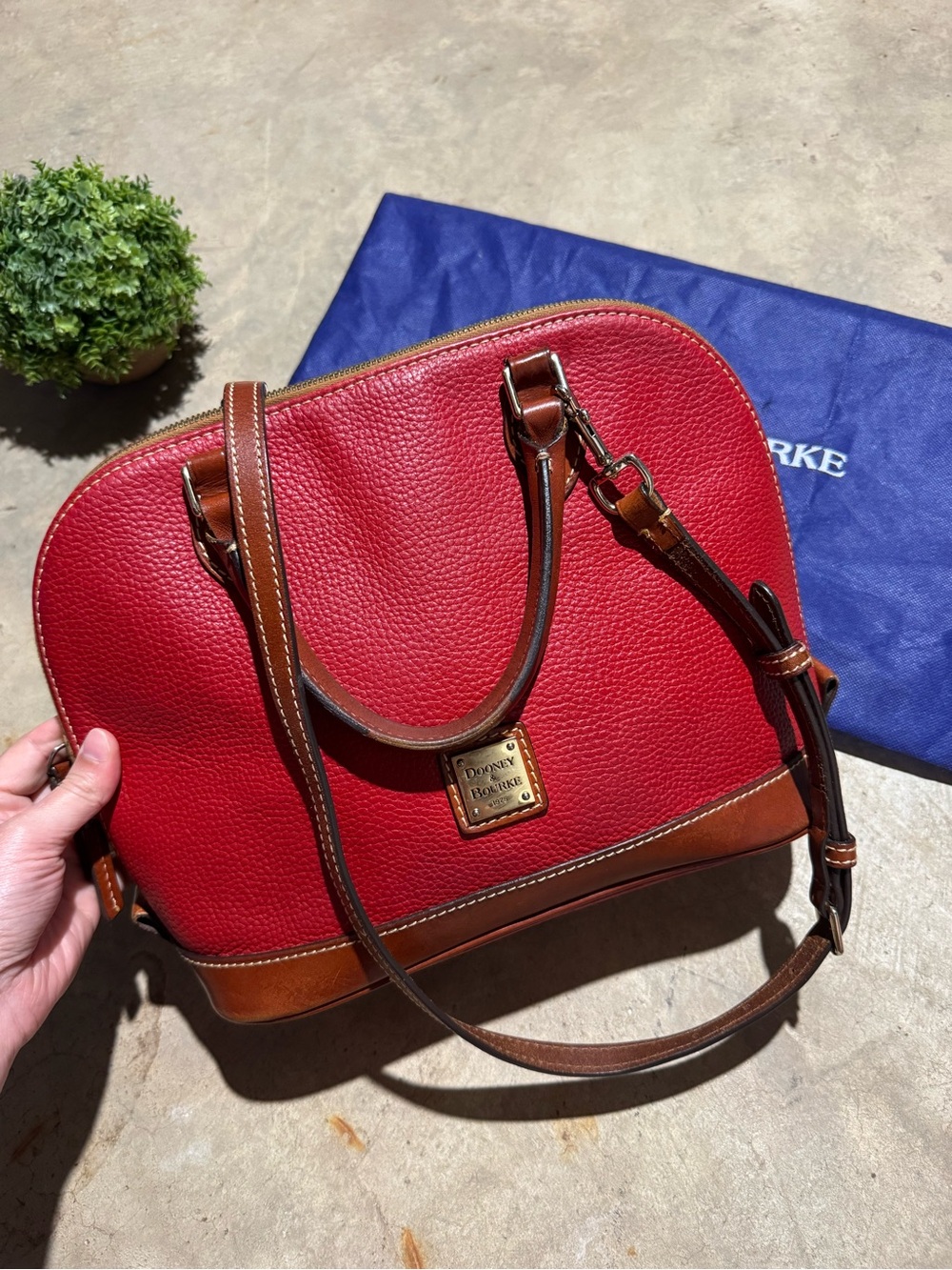 Dooney & Bourke Pebbled Leather Zip Zip Satchel Bag Purse Red Brown Structured